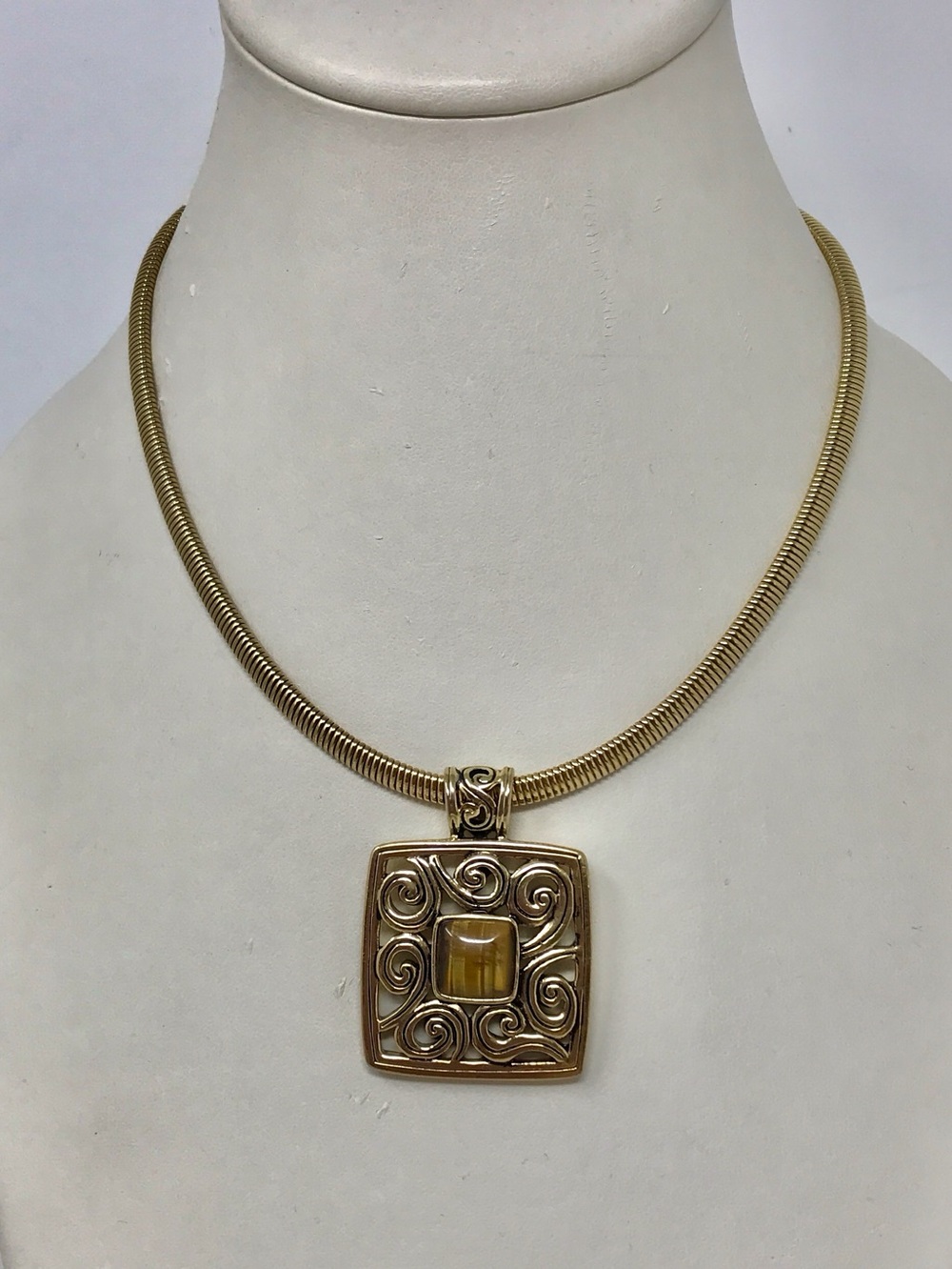 Gold-Tone Swirl Pendant Necklace with Tiger's Eye Accent